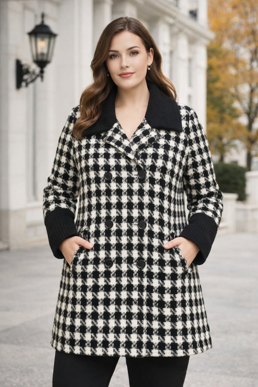 Worthington Womens XL Houndstooth Wool-Blend Coat Black & White Double-Breasted